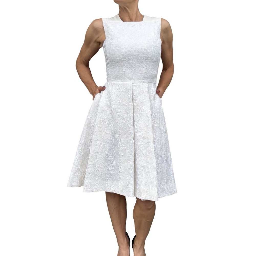 Sportmax Max Mara White Dress Fit & Flare Textured Jaquard Cotton 2 minimalism